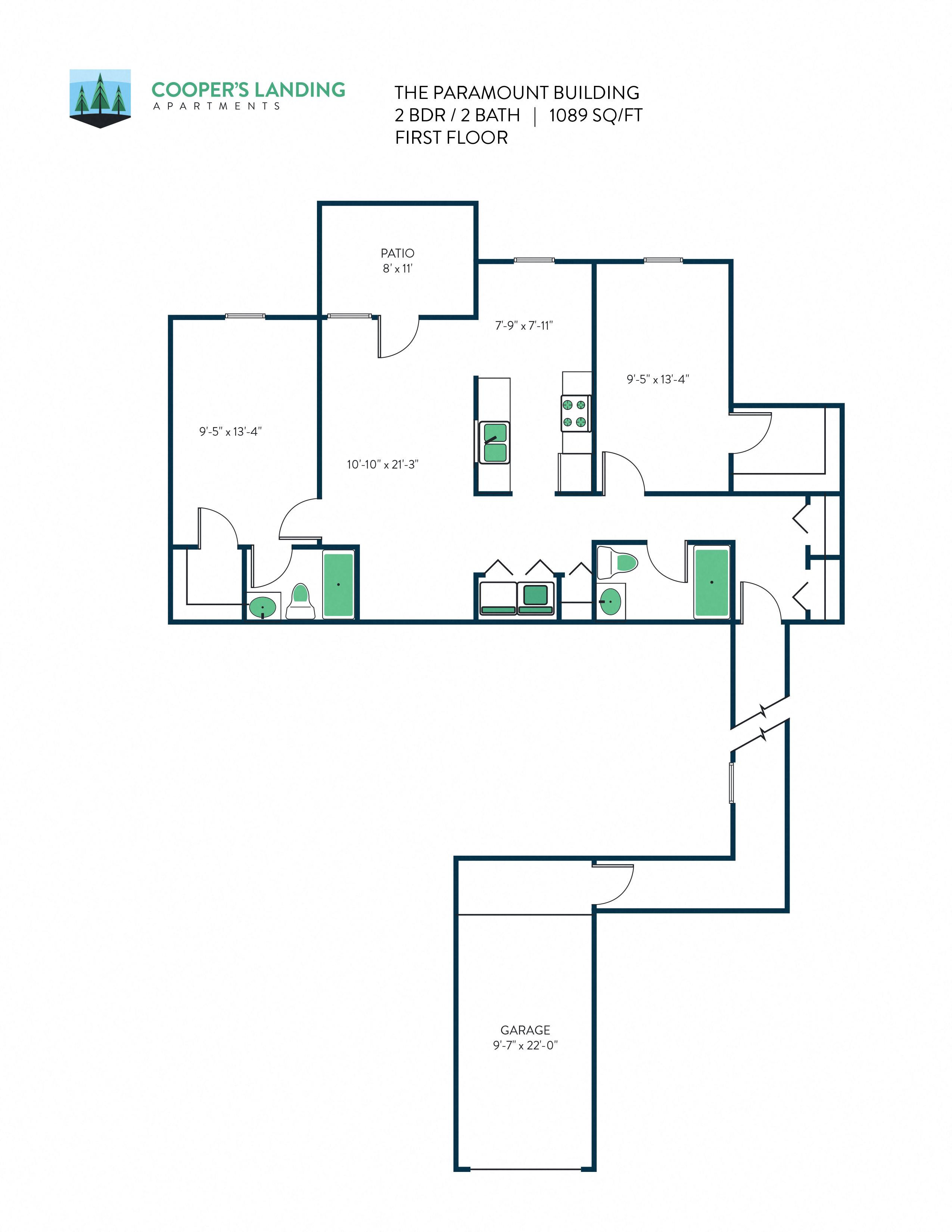 Floor plan for 2 beds, 2 baths, 1089 sqft